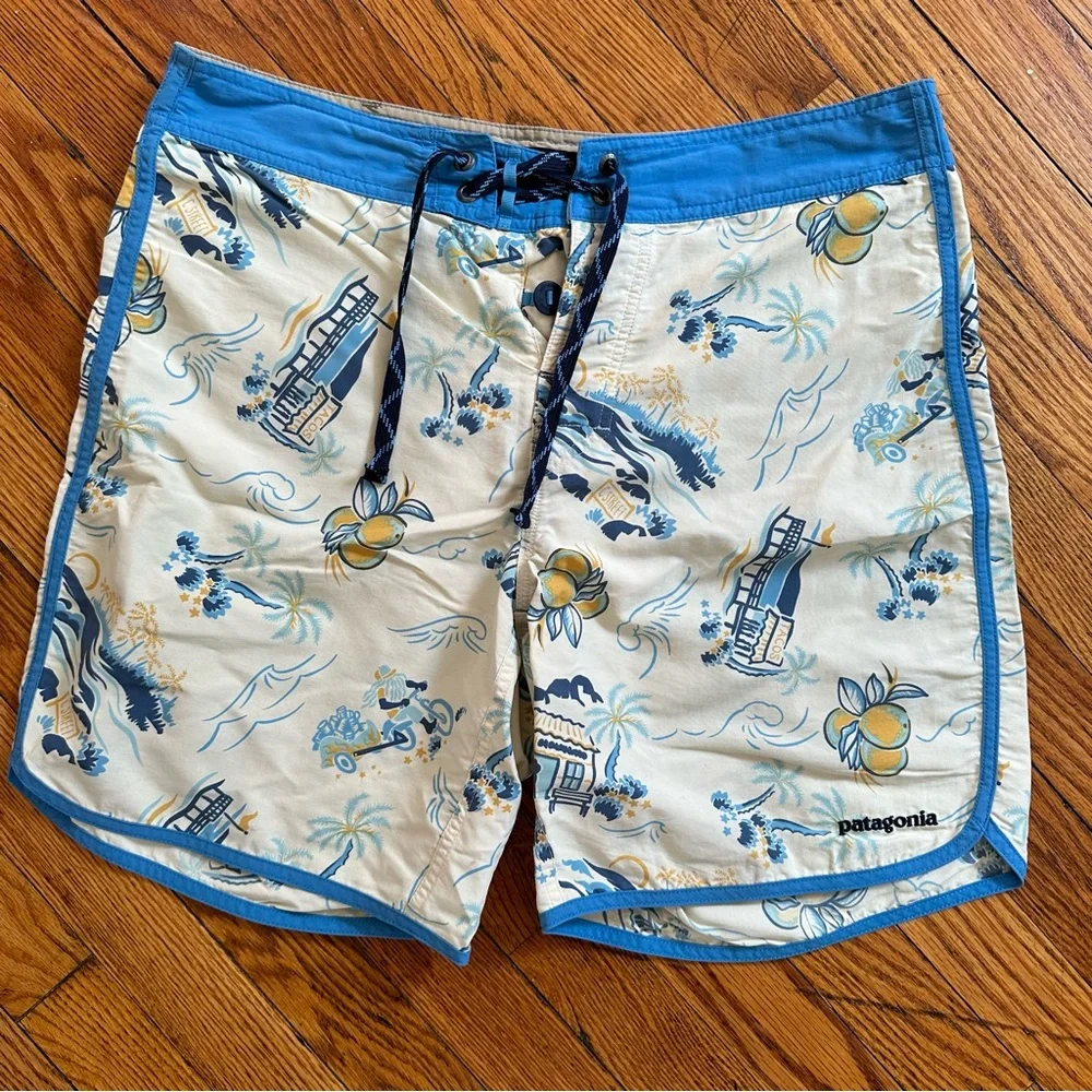 Patagonia Blue and Cream Printed Hybrid Shorts